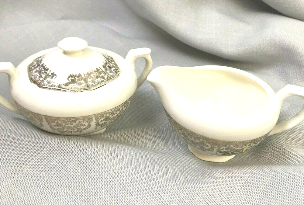 Vintage Creamer and Sugar Bowl Cream With Gold Filigree Trim Traditional China